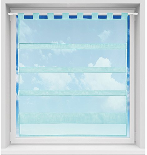 Bistrogardine in transparent mit Raffoptik, einfarbige und lichtdurchlässige Voile-Scheibengardine mit Schlaufe, in vielen Größen verfügbar (90 x 110 cm/türkis - Petrol)