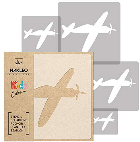 NAKLEO Schablonen Malen für Kinderzimmer, 5 Stück Set 9x9 bis 34x34cm Flugzeuge Flug Fliegen, Wiederverwendbare Kunststoff Malvorlage Raumdekoration, Basteln DIY Wand Möbel Papier Stoff