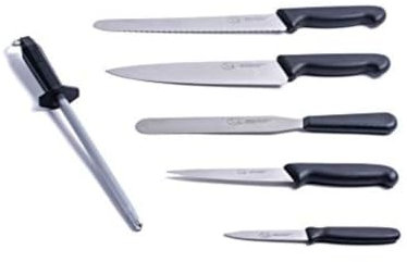 THE SMITHFIELD ‘Samprene’ 6-Piece Chef Knife Set – Stainless Steel Blades with Ergonomic Soft-Grip Handles – Includes Essential Knives, Serrated Slicer, and Sharpening Steel - Black Handle