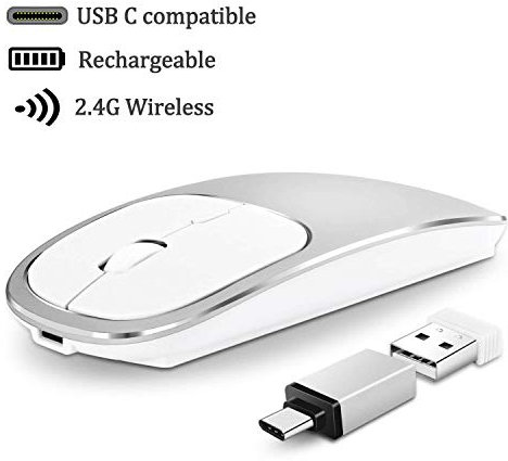 Top-Newest Wireless Mouse, USB Type C, Rechargeable, 2.4GHZ, Silver, 4 Buttons, 1600 DPI, Modern, Ambidextrous, Office, Windows, macOS