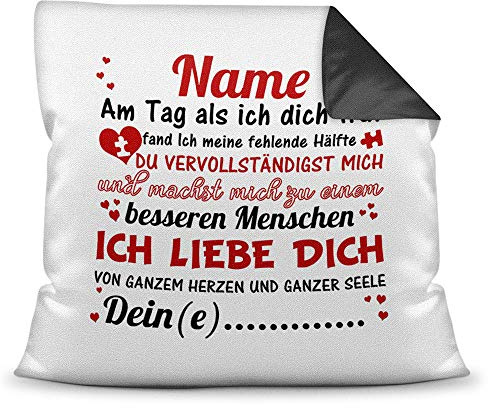 Tassendruck Liebes-Kissen mit Spruch - Am Tag als ich Dich traf - Schatz/Personalisierbar/Individuell/Pärchen/Love/Glück/Rückseite Schwarz