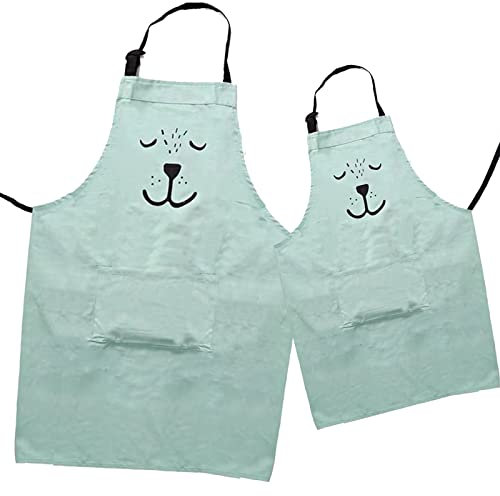 HLLHOME Schürze für Eltern und Kinder, aus Baumwollleinen, schöne verstellbare Schürze mit Taschen, tolles Geschenk für Erwachsene und Kinder, Kochen, Malen, Gartenarbeit Mommy and Me adult kid grün
