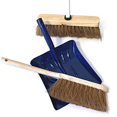 Ensemble balai brosse de ménage d'atelier | 1 balai coco 29cm avec manche acier gainé couleur selon arrivage| Pelle tôle laquée bleue | Balayette en fibres de coco naturel manche long | Kibros 3LOTPBb