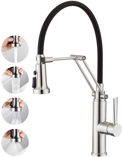 CREA Küchenarmatur mit 4 Wasserstrahlen abnehmbar, Einhebelmischer Armatur Wasserhahn für Küche Spültischarmatur Spülenarmatur faltbar mit Schwarzer flexibler Silikon Weichschlauch, Gebürstet