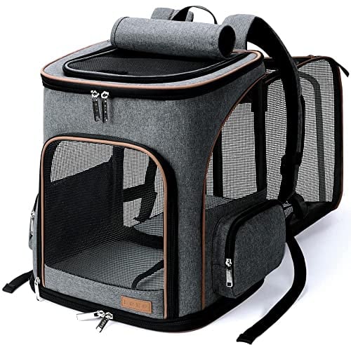Lekesky Erweiterbar Katzen Rucksack Hunderucksack, Katzenrucksack Groß für für kleine Katzen und Hunde, Faltbare Katzen Transport Rucksack, Grau, L