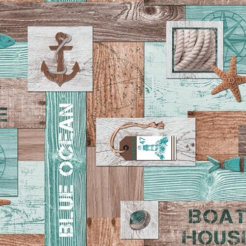 Mambo-Design PVC Tischdecke NEMO Meterware Wachstuch Eckig Breite & Länge wählbar abwaschbar türkis braun Holz Anker, Größe:80 x 80 cm