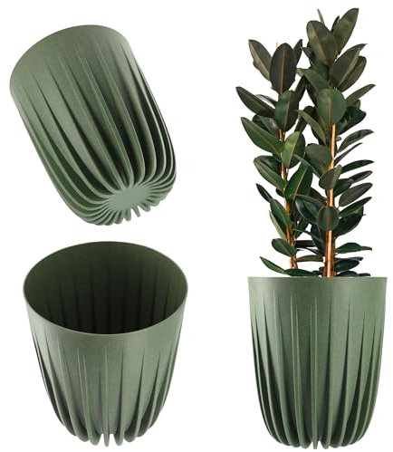 KADAX Pot de Fleurs en Plastique Avec Matériaux Naturels - Moderne Avec Motif Géométrique - Rond Avec Insert - Naturel - Haut (∅ 30 cm, Vert Foncé)