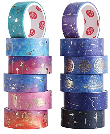 LGEGE 12 Rollen Galaxy Washi Tape Set, Sternbild Stern Mond Planet Element Goldfolie Abdeckband Dekor für Scrapbooking DIY Handwerk Scrapbooking Supplies Geschenkverpackungen Tagebuch Planer