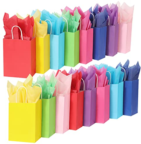 Cootato 32 Stück Geschenktaschen mit 32 Taschentüchern, 8 Farben Party Favor Taschen mit Griffen, Regenbogen-Geschenktüten aus Kraftpapier für Geburtstag Hochzeit Babyparty, Weihnachten