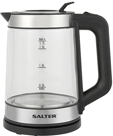 Salter EK5016 Glass Kettle – Easy Fill Lid, 360° Swivel Base, LED Blue Colour Light Indicator, Boil-Dry Sensor, Auto Shut-Off, Left and Right Handed, See Through Glass With Water Level, 2200 W, 1.7 L
