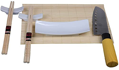 BAKAJI Juego de 7 piezas para 2 personas con 2 pares de palillos, 2 soportes de cerámica, 1 mantel de bambú, 1 cuchillo de sushi y 1 bandeja, estilo oriental para amantes de la comida étnica