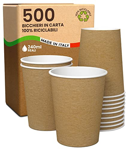 500 Bicchieri in Carta Color Avana 240ml Ecologici Biodegradabili Monouso Made in Italy Asporto Bevande Calde Acqua - Prodotto e confezionato in Italia