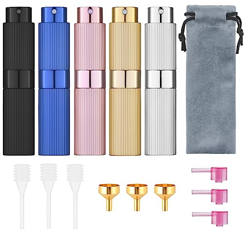 Tekson 5PCS 8ml Travel Perfume Atomizer Refillable, Mini Cologne Spray Bottle Empty, Portable Sprayer (5 Colors)