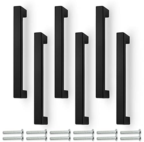 Bwintech 6 Pcs 140MM (128MM Loch Center) Matt Black Stainless Steel Square Kitchen Cupboard Handles Cabinet Pulls T Bar Handles for Kitchen Hardware