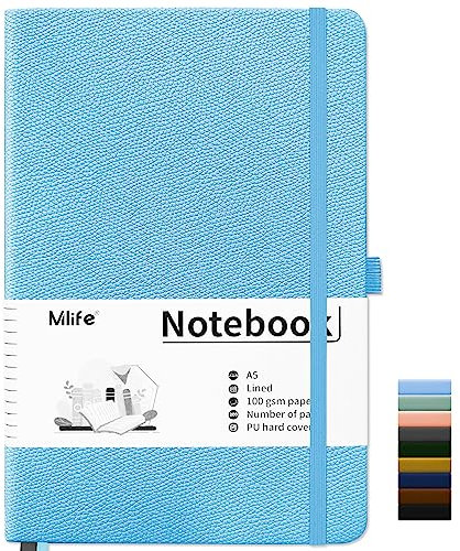 Mlife Notizbuch liniert A5,Journal Buch mit 200 Seiten,Premium 100gsm Tintenfestes Papie Dickes,PU Hard Cover Notebook,Innentasche,Elastisch Gebändert,bullet journal & Notizblock Hardcover(Hellblau)