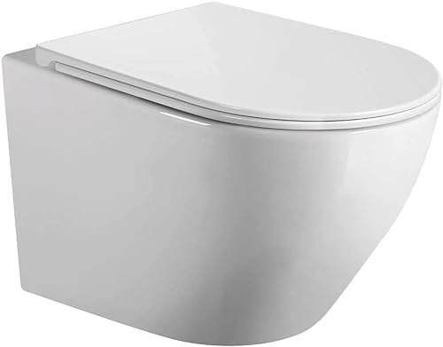 Wc Inodoro Suspendido Rimless | Inodoro Empotrado con Fondo Reducido y Asiento Extrafino con Caida Amortiguada (Wc Suspendido Redondo Blanco)