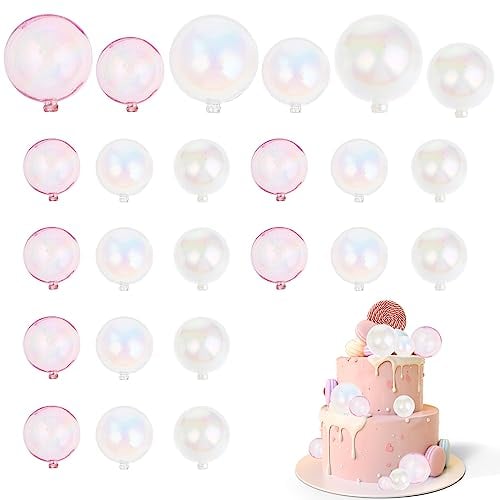 24 Pcs Bubble Cake Toppers Pink and White Bubble Cake Decorations Clear Ball Cakes Toppers Pastel Cakes Balls Decoration for Baby Shower Wedding Anniversary Birthday Party Decorations Multiple Sizes