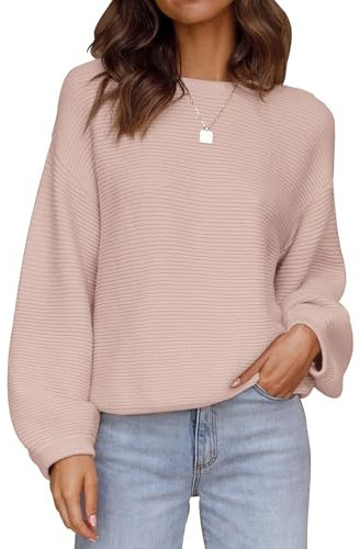 ZESICA Maglione da donna 2023 girocollo a maniche lunghe a lanterna casual sciolto a costine in maglia tinta unita morbido maglione top, Rosa antico, XXL
