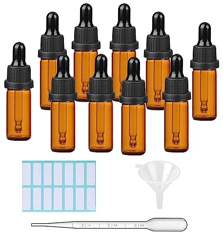 SKYPRO 10 Stück bernsteinfarbene Glas-Tropfflaschen mit 1 Trichter & 1 Pipette & 14 Stück/Blatt kleine Flaschenaufkleber 5 ml Glasflaschen für ätherische Öle, Flüssigkeiten