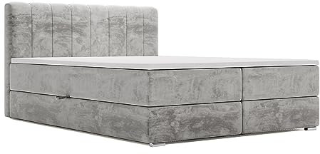 GRAINGOLD Forte Bett 180x200, Boxspringbett mit Bettkasten, Polsterbett mit Bonell-Matratze, Samt Stoff, mit Topper, mit Kopfteil (Hellgrau, 180x200)
