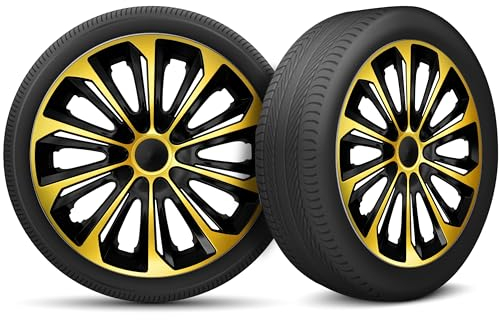 Radkappen 15 Zoll Radzierblenden 4er Set passend für alle Stahlfelgen - Einstellbarer Sicherungsring - Schwarz Gold