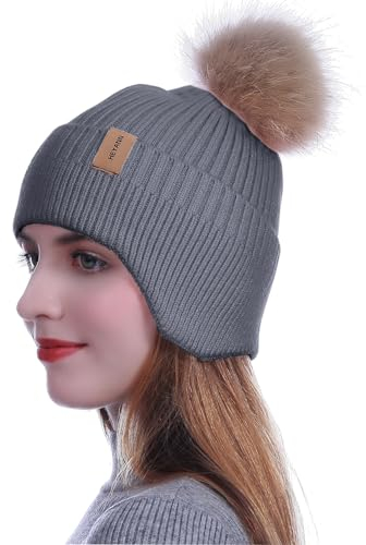 HEYANN Mütze Damen mit Ohrenklappe,Wintermütze Herren Strickmützen für Damen Fahrradhelm Beanie Hut Unisex Winter Beanie Hut Outdoor Skimütze für Männer und Frauen (Grau)