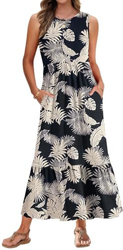 AUSELILY Summer Dresses for Women UK Sleeveless Maxi Dresses Ladies Summer Dresses Beach Coverups Swing Tiered Long Dress with Pockets Tropical Rainforest Leaf S