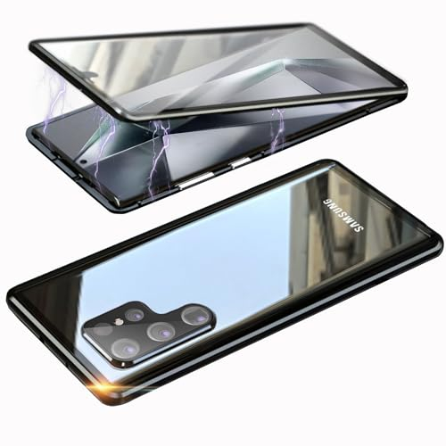 WEYNRBOX Hülle für Samsung Galaxy S24 Ultra,Magnetische Adsorption Handyhülle 360 Grad Schutz Case mit Doppelte Seiten Gehärtetes Glas,Starke Magnet Metall Flip Cover für Galaxy S 24 Ultra,Schwarz