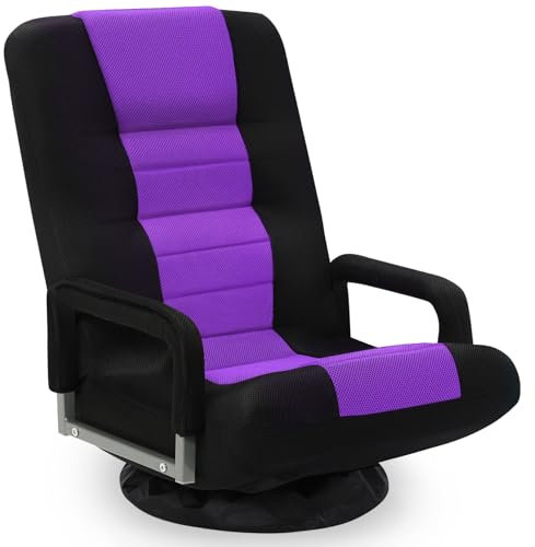 Buymoth Sedia girevole da pavimento con braccioli, divano reclinabile pieghevole con 6 posizioni regolabili, schienale imbottito e cuscino, divano per e-sport, lettura, relax, guardare la TV, viola