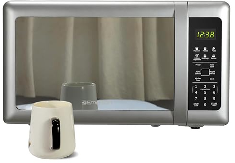 Emerson MW7601SL Countertop Microwave Oven with Sleek Mirrored Finish Glass Door, 700W, 10 Power Levels and 6 Pre-Programmed Settings with Child Safe Lock, 0.7. Cu. Ft., Silver