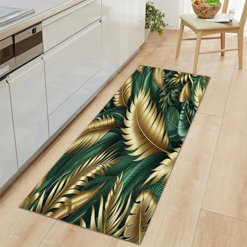 Küchenläufer Pflanzen Blätter Streifen Motiv Teppich Läufer 60x150cm, rutschfest Pflegeleicht Grün Teppich Läufer für Küche, Flur, Eingangsbereich, Esszimmer