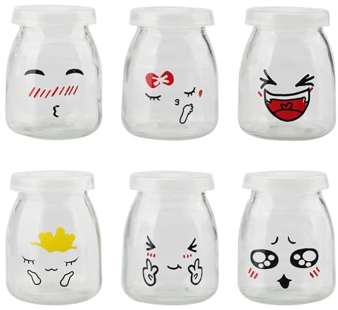 Hisdricus 6 Pot yaourt en verre avec couvercle,Petit pot en verre,150 ml pot yaourt, motifs mignons,pour les fêtes, la préparation de yaourts, puddings et diverses boissons à la maison