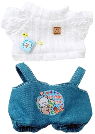 niannyyhouse Pullover-Latzhose, Cowboy-Bär-Outfit, 10 cm ~ 15 cm, 20 cm, 40 cm, Plüschpuppe, Kleidung, Puppenzubehör (weiß, 10 cm ~ 15 cm)