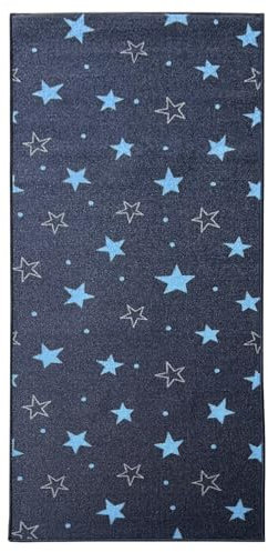 KARAT Teppichläufer Dots&Stars - 80 x 400 cm - Kinderteppich für Jungen und Mädchen - Spielteppich, Teppich für Kinderzimmer, Wohnzimmer, Schlafzimmer (Navy Stars)