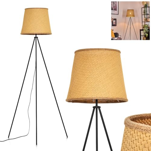 Stehleuchte Palmeiros, Stehlampe aus Metall/Bast/Seil in Schwarz/Naturfarben, Leuchte im Boho-Design mit rundem Schirm (Ø 37,5 cm) u. Fußschalter, Höhe 156 cm, 1 x E27, ohne Leuchtmittel