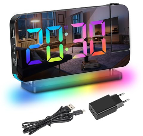 Exmate Projektionswecker, Digital Wecker mit Projektion, 2 USB-Ladeanschluss, 6.5'' Dynamischer RGB-Spiegelbildschirm, Snooze Alarm, Einstellbare Helligkeit (Schwarz mit Adapter)