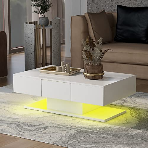 BTM Table Basse LED, Table Basse Salon avec 2 Tiroirs, Table Basse Blanche, Petite Table Basse, Charge 50kg, 100x60x36 cm, Blanc