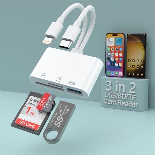 3 en 2 Lector de Tarjetas SD de Memoria para iPhone iPad, Conector Lightning+USB C a SD TF Adapter Memory Micro SDXC, SDHC, Disco, Cámara, Ratón para iPhone15/iPad/MacBook/Samsung