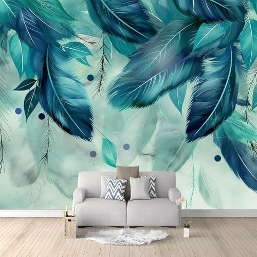 Générique 3D Papier Peint Sarcelle Esthétique Plume 350x256 cm Papier Peint Panoramique Mural Affiche Géante Décoration Pour Salon Chambre Chambre D'Enfant Décoration Murale