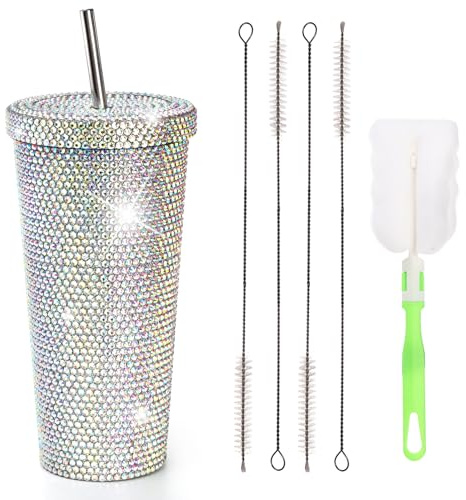 Mezchi 27 OZ Bling Diamond Tumbler, Glitter Tumbler with Straw and Lid, Sparkly Stainless Steel Thermal Drinking Water Cup, Rhinestone Water Bottle with 1 Pcs Brush & 4 Pcs Straw Brushes for Women