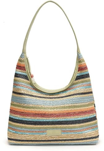 JUCHRZEY Bolso de mano tejido de paja para mujer Bolso de hombro tejido Bolsos de mano a rayas de gran capacidad Estilo étnico Color de contraste para viajes de compras