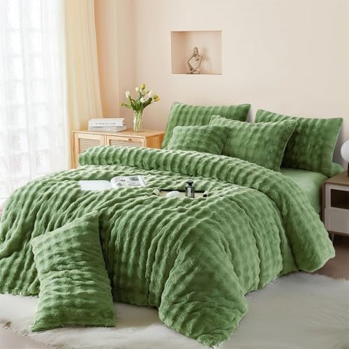 Boqingzhu Plüsch Bettwäsche 135x200cm Grün Sailbeigrün Uni Einfarbig Kuschelig Flauschig Warm Winter Flanell Fleece Wende Bettwäsche Set Kaninchen Kunstfell Bettbezug und Kissenbezug 80x80cm