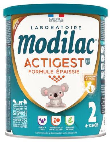Modilac Actigest Lf+ 2 - Lait de suite en poudre- Formule Épaissie et Enrichie en Lactoferrine d’origine bovine - Fabriqué en France Sans Huile de Palme – 2ème Age, de 6 à 12 Mois – Pack de 800g