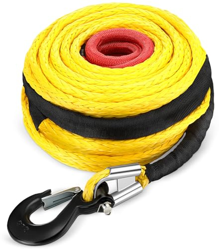 Marsui Synthetisches Seilseil-Set, 1,27 cm x 30,5 m, 14515 kg Seilwinde mit Schutzhülle, geschmiedeter Haken, Ersatz-Sicherheitszuggurt für Allradfahrzeuge, LKW, ATV, UTV, SUV, Gelb