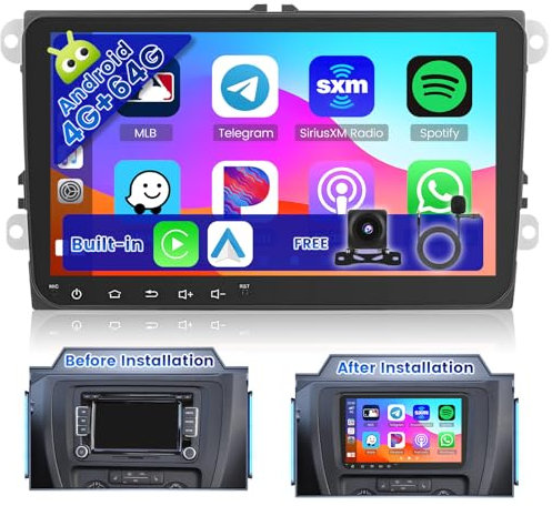 Ohradio 8Core/4G+64G Radio Coche para VW Golf Tiguan Caddy Polo Touran Autoradio 2 DIN Android 15 Carplay Android Auto Inalámbrico, 9 Pantalla Táctilcon GPS WiFi 2USB Mic AHD Cámara Trasera