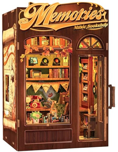 Cutefun DIY Book Nook Kit - Puppenhaus Kitaus Holz mit Staubschutzhülle,DIY Miniatur Puppenhaus Bücherecke Bibliothek Häuser Modellbausätze mit LED Leuchten Bücherregal Dekor, Memories Music Bookshop
