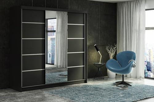 ELUKS CARLI Modern Sliding Door Wardrobe with Mirror, 2 or 3 Doors, 4 colours: WHITE/BLACK/OAK/GREY 5 sizes: 100cm/120cm/150cm/180cm/200cm (Black, 200cm 6 Drawers)