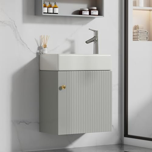 PEFEK Waschtisch Mit Unterschrank Set 46 cm Gäste WC Waschbecken Badunterschrank Waschtischunterschrank Für Kleine Bäder, Wandhängend, Wasserdicht, Keramik Waschtischplatte (Grau)