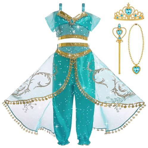 BSBUY Jasmin Kostüm 6Pcs Prinzessin Kleid Kostüm für Mädchen mit Oberteil Hose Halskette Brosche Krone und Zepter Aladin Cosplay Outfit Hellgrüne Pailletten Kostüm Halloween Verkleidung Karneval (120)