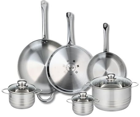 ELO 9886150 Batterie de cuisine 6 pièces, Ensemble de 3 Poêles de cuisson 24, 28 et 32 cm et 3 faitouts 12, 14 et 20 cm Elo Profi Brillant, inox, induction, Gris Perle